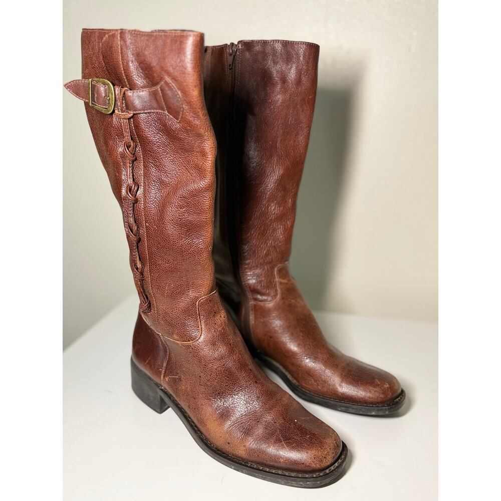 Vintage Brown Leather Tall Riding Boots Buckle Women’s 7.5 M - Picture 2 of 8